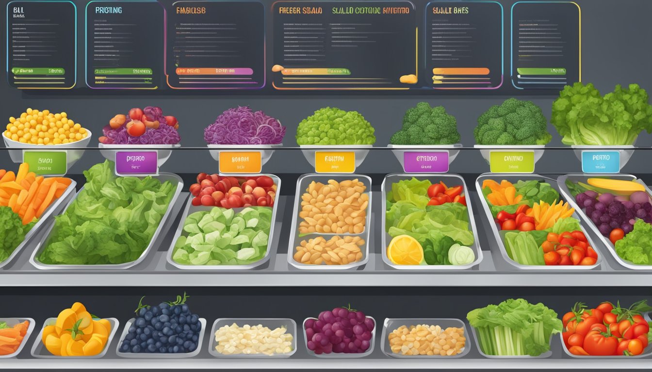 A colorful salad bar with fresh vegetables, fruits, and lean protein options. A menu board displays calorie counts and nutritional information