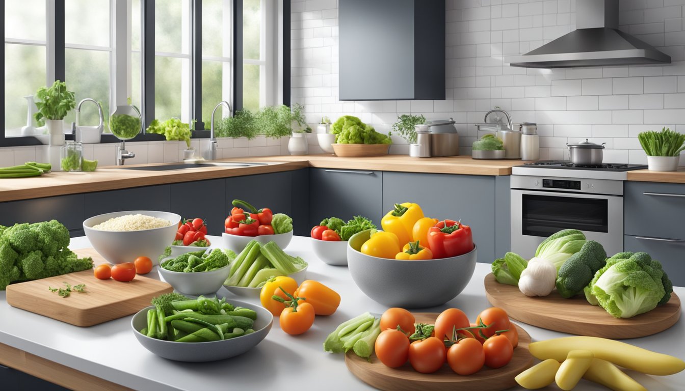 A colorful display of fresh vegetables and lean proteins arranged in a clean, modern kitchen setting