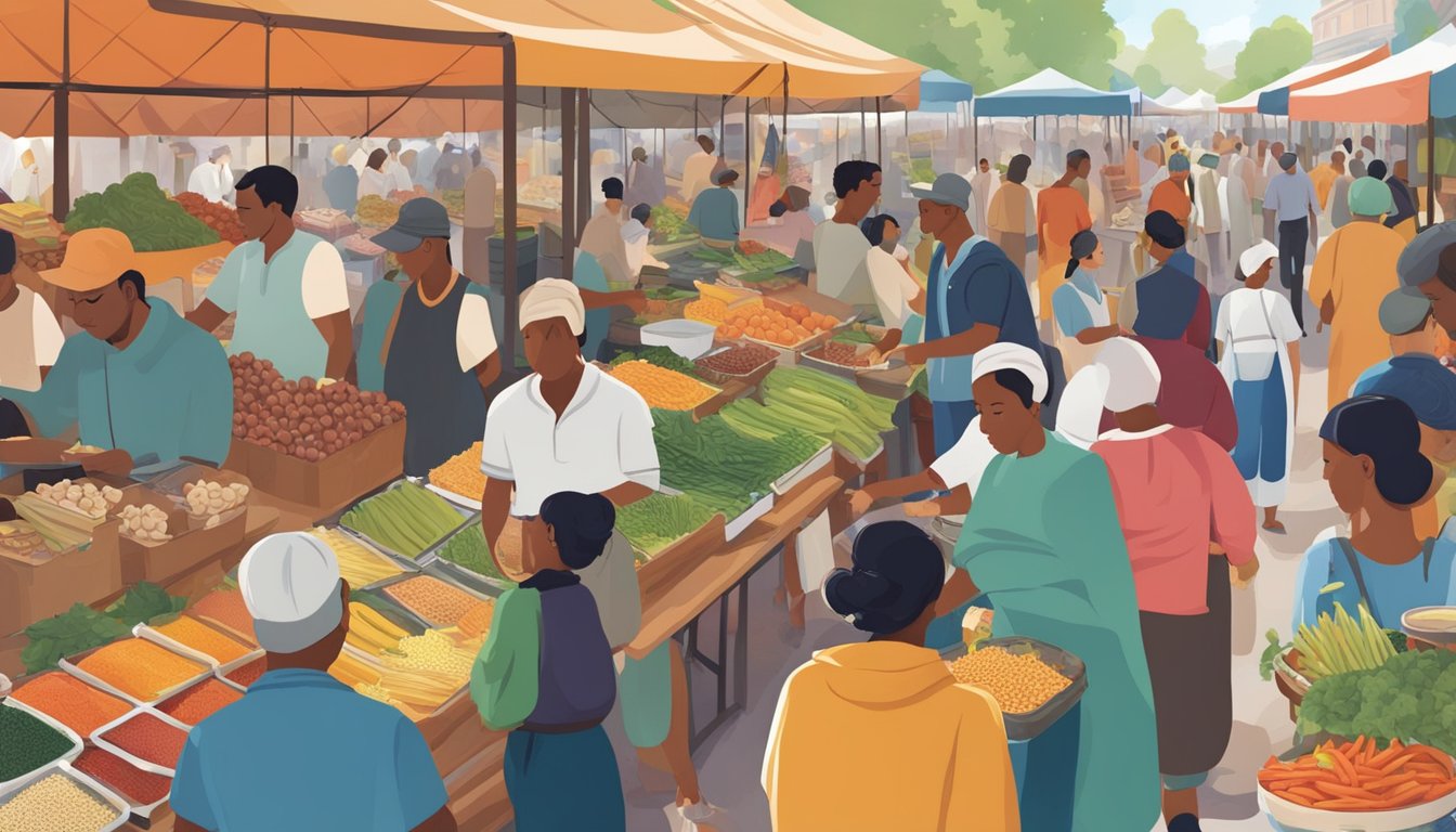 A bustling outdoor market with colorful stalls offering a variety of ethnic foods and healthy alternatives. Patrons browse and sample the diverse options