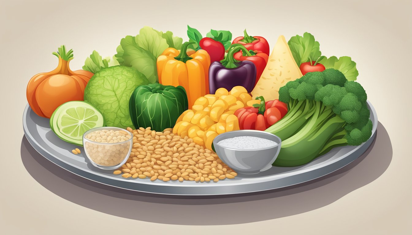 A colorful array of fresh vegetables, lean proteins, and whole grains arranged on a plate. A side of mixed fruit and a glass of water complete the healthy meal