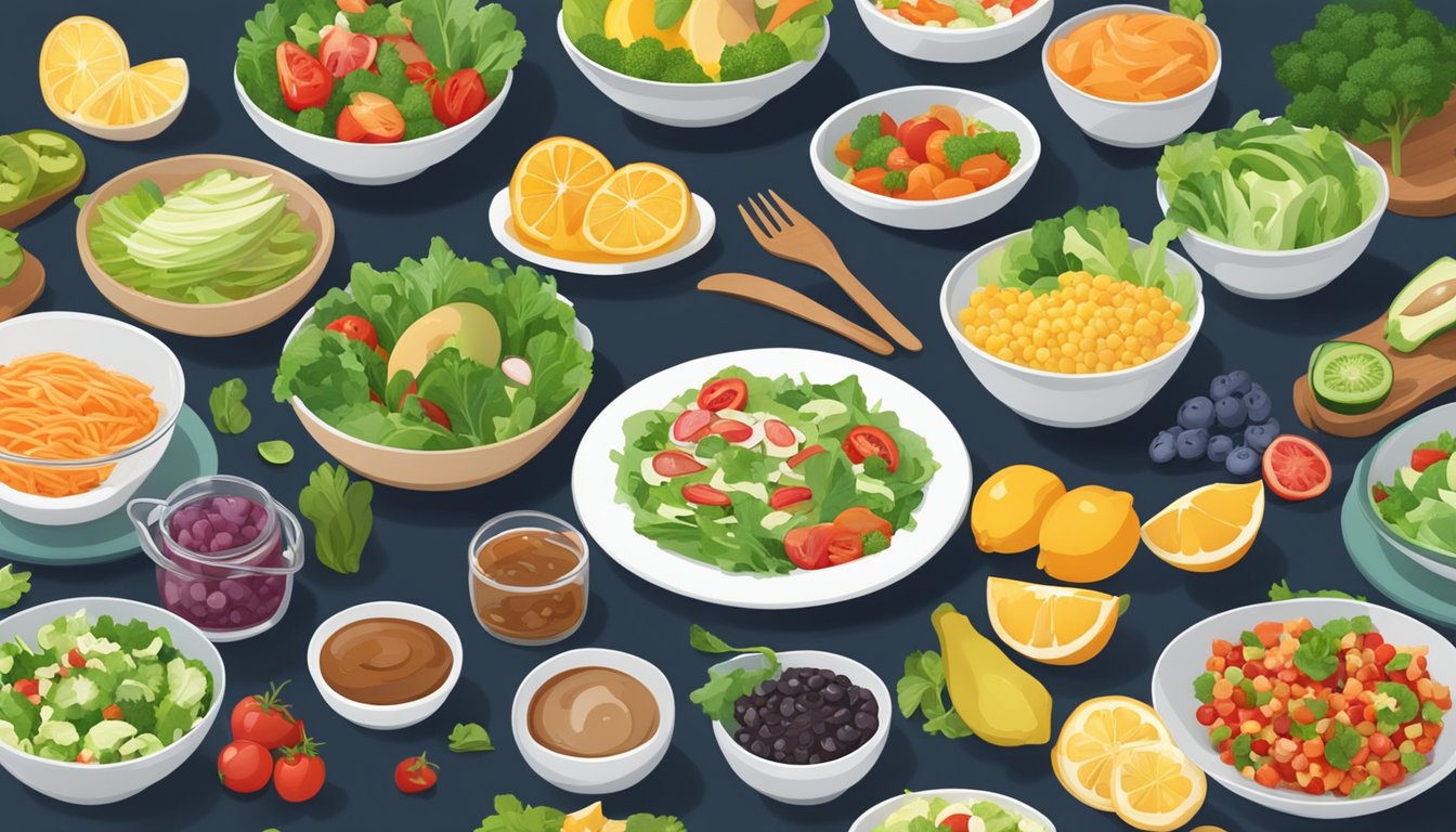 A table set with colorful, fresh ingredients from various cuisines, including salads, fruits, and lean proteins, with a focus on healthy options for dining out