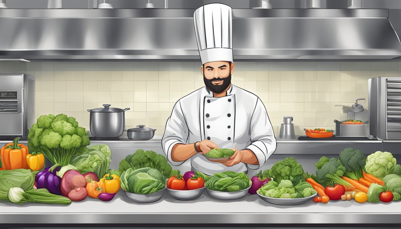 A chef preparing a colorful array of fresh vegetables and lean proteins for a customized healthy meal option at a restaurant