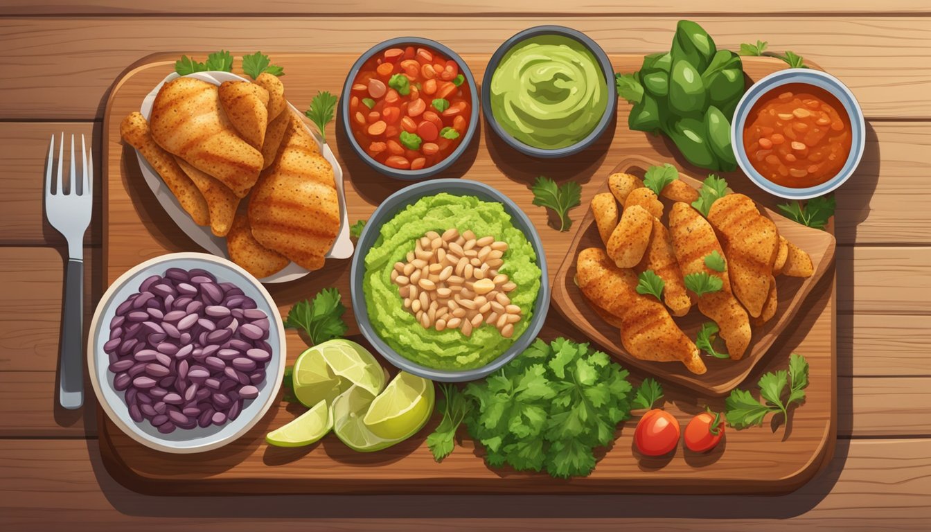 A colorful spread of fresh vegetables, grilled chicken, and beans arranged on a wooden serving board, with a side of salsa and guacamole