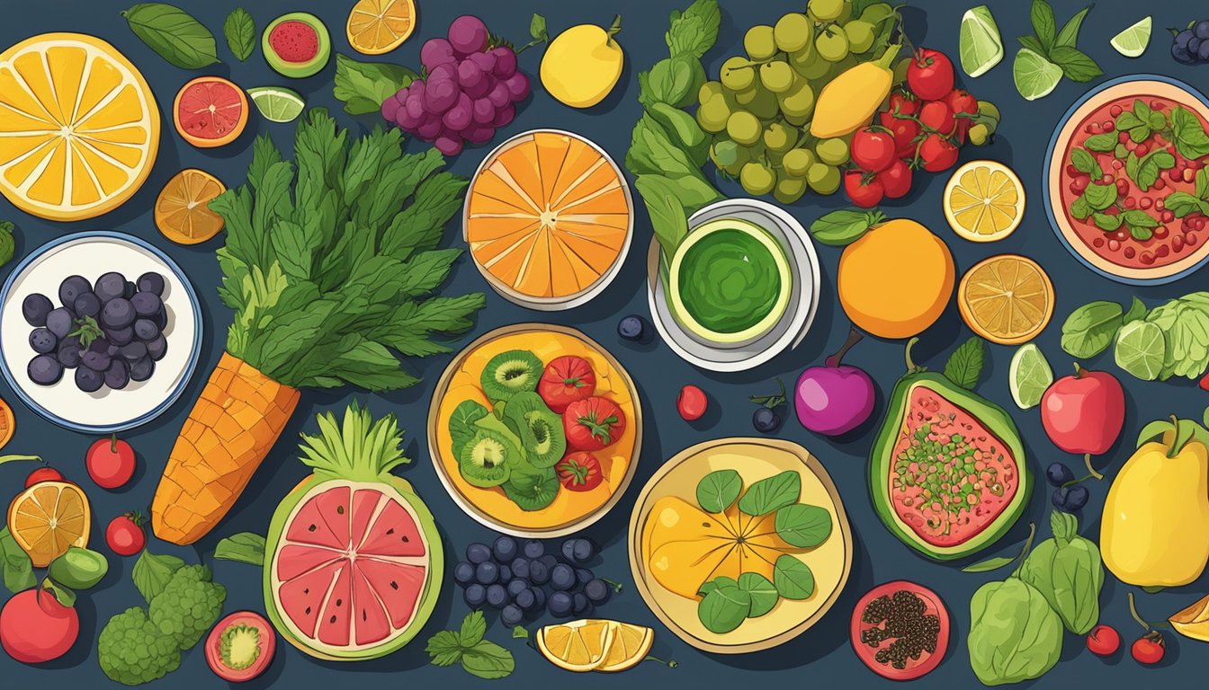 A colorful array of fresh fruits, vegetables, and plant-based dishes on a restaurant table