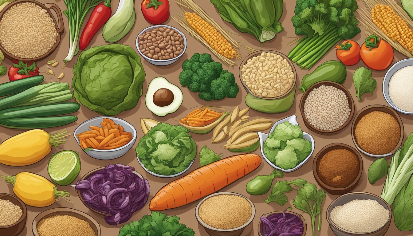 A variety of fresh vegetables, lean proteins, and whole grains displayed on a colorful Chipotle menu board