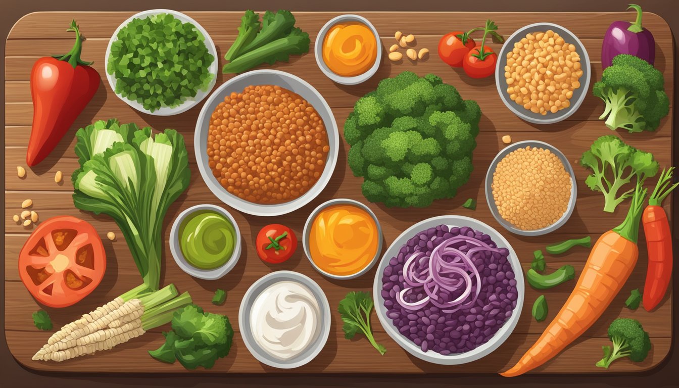 A colorful array of fresh vegetables, lean proteins, and whole grains arranged on a wooden cutting board, with a side of flavorful chipotle sauce