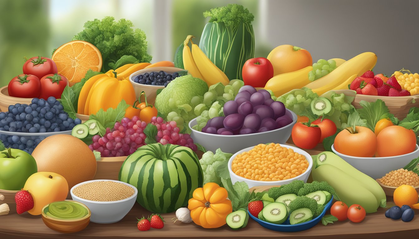 A colorful array of fresh fruits, vegetables, whole grains, and lean proteins arranged on a table, with a variety of dietary labels displayed nearby