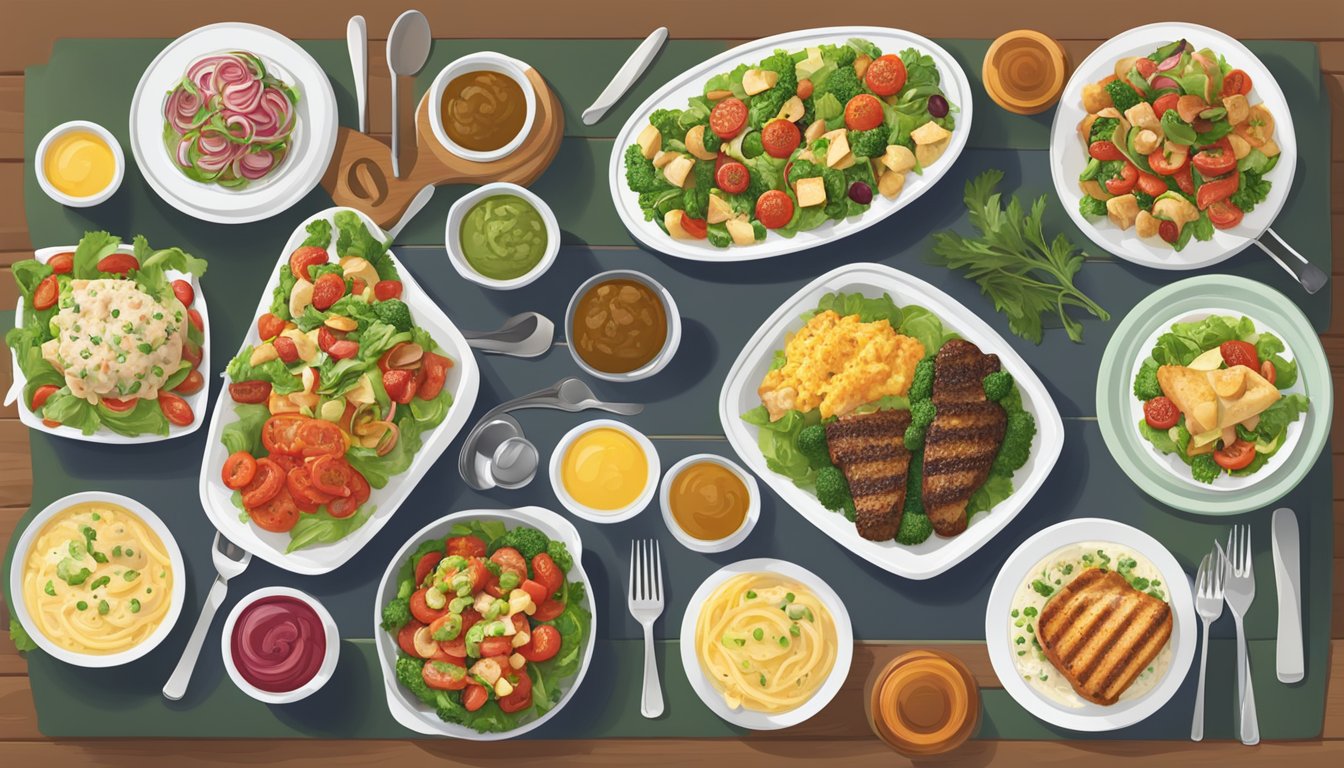 A table set with a variety of healthy main course options from Olive Garden, including salads, grilled vegetables, and lean protein dishes