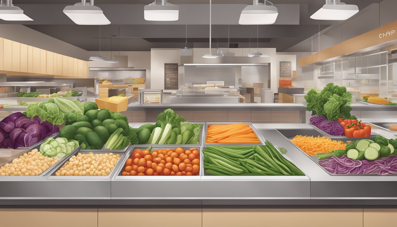 A colorful array of fresh vegetables and lean protein options displayed on a clean, modern counter at a Chipotle restaurant