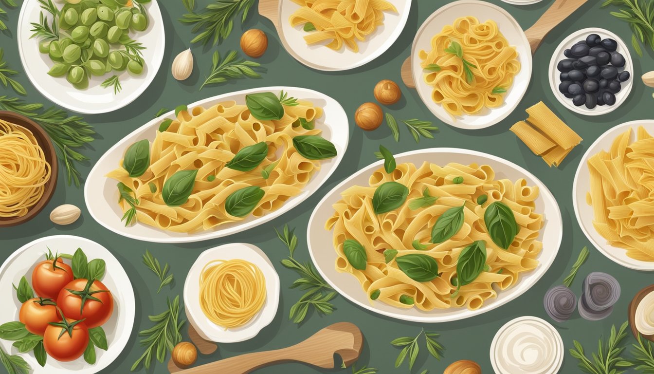 A table set with a variety of healthy pasta dishes, surrounded by olive branches and garden vegetables