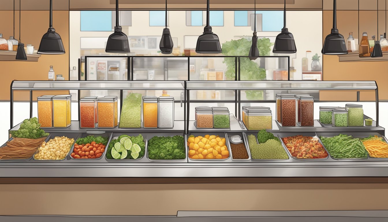 A colorful display of fresh ingredients and beverages at a Chipotle restaurant, showcasing a variety of healthy options for customers to choose from