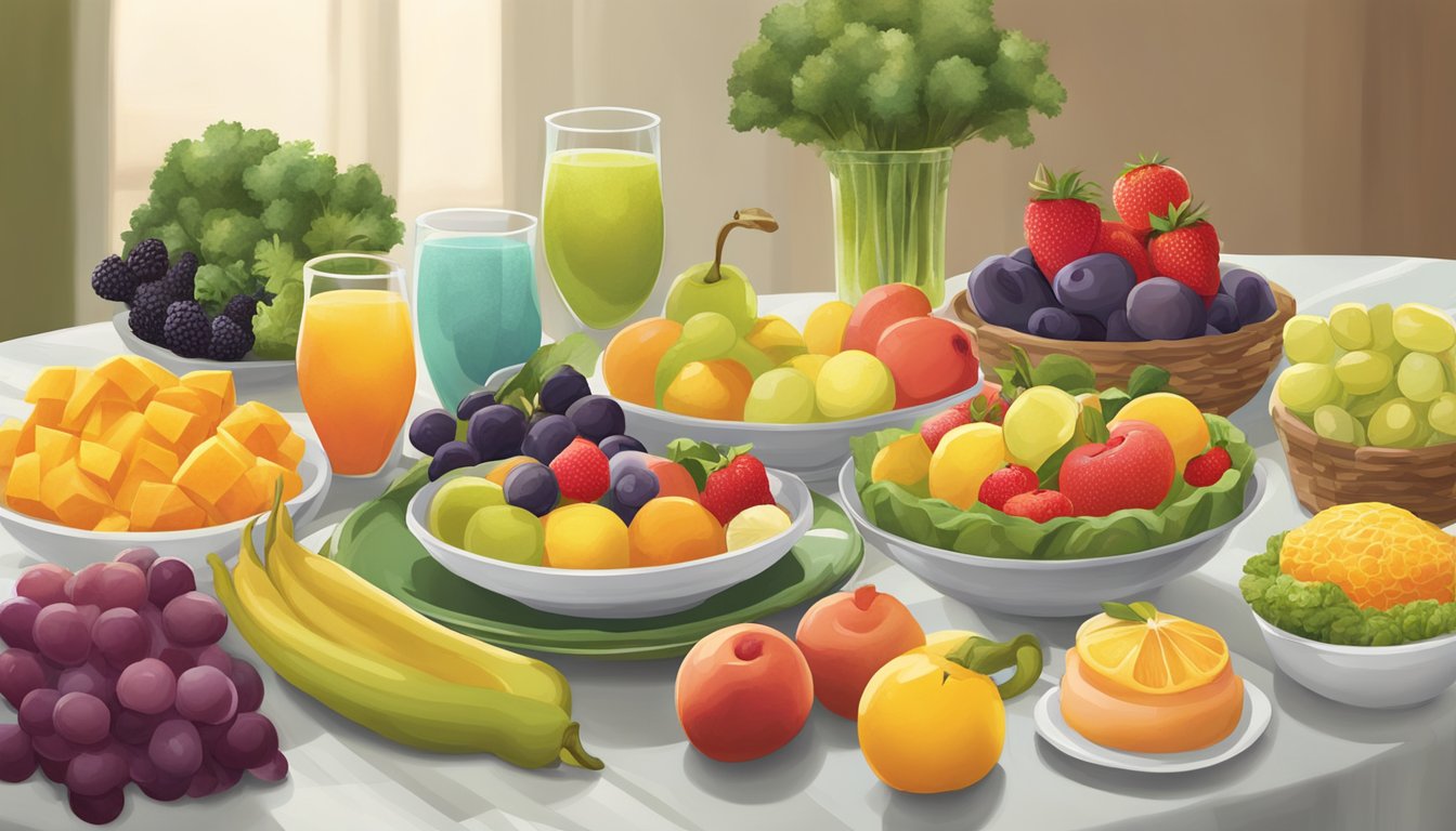 A colorful array of fresh fruits and vegetables arranged on a table, with a variety of healthy dessert options from Olive Garden