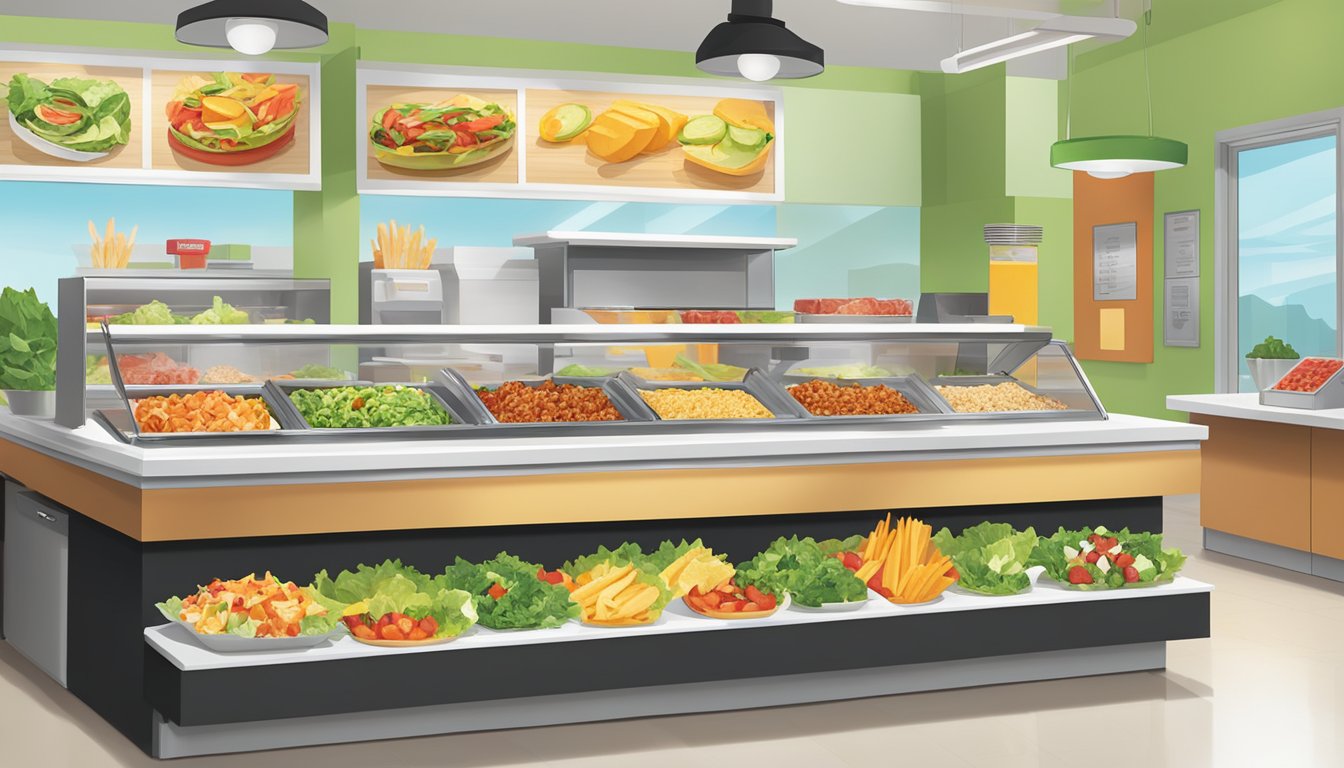 A colorful array of fresh salads, grilled chicken wraps, and fruit cups displayed on a clean, modern counter at Wendy's