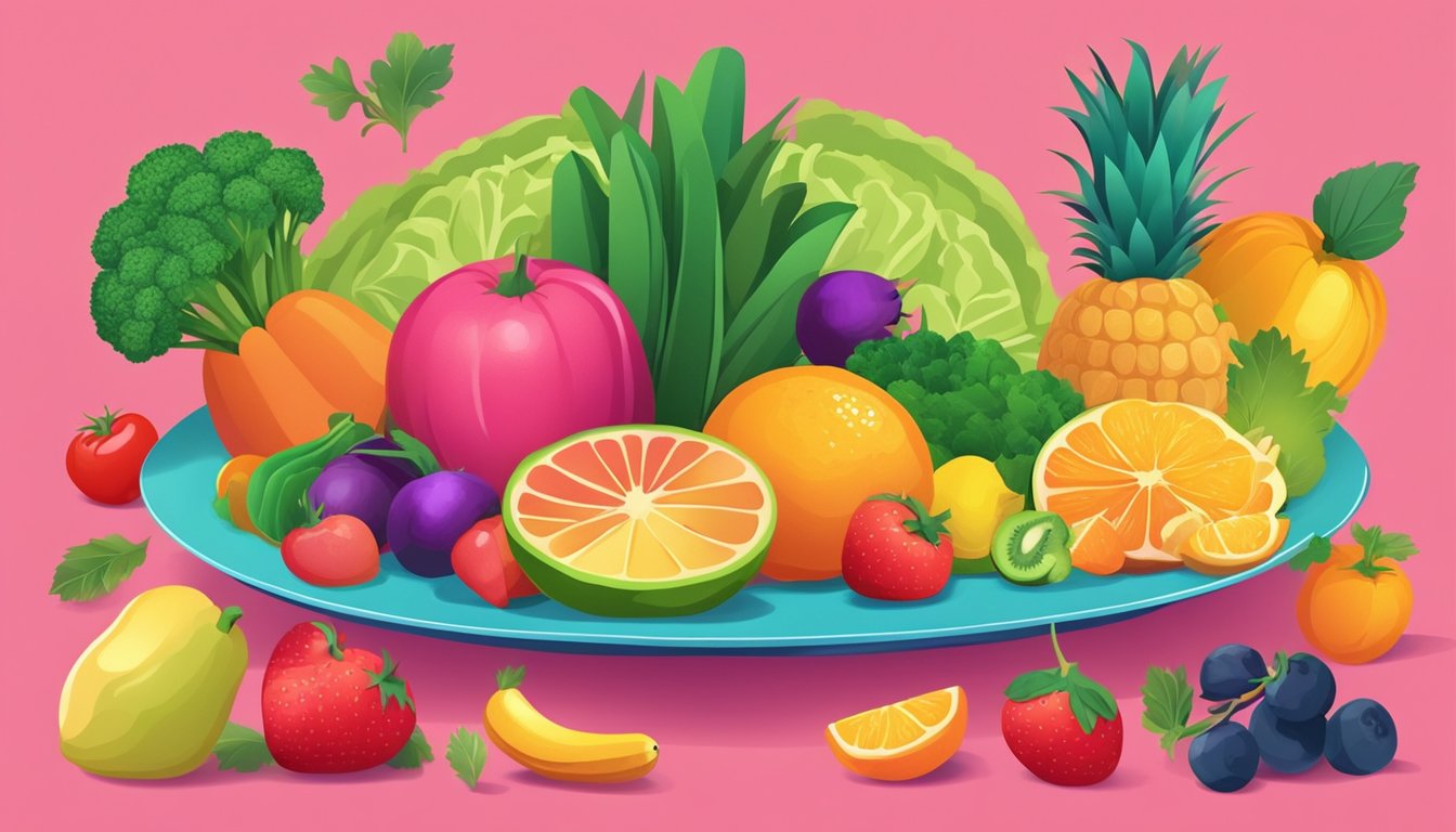 A colorful plate of fresh fruits and vegetables arranged in a fun and inviting way on a vibrant background