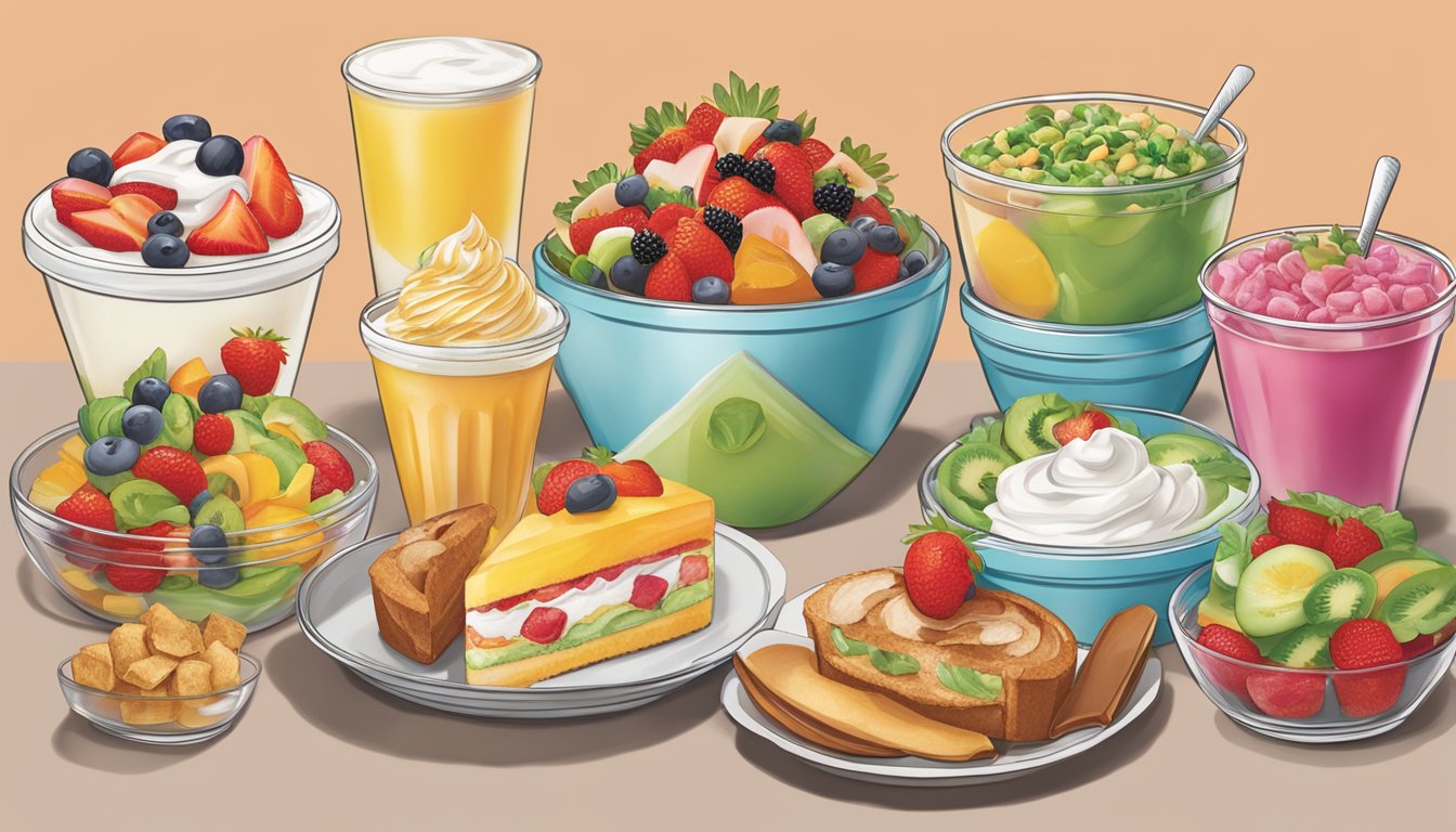 A colorful display of fresh salads, fruit cups, and yogurt parfaits next to a selection of decadent desserts at Wendy's