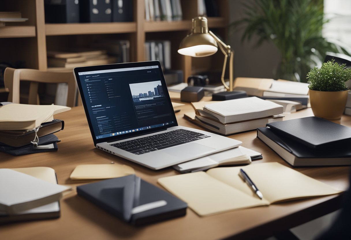 A real estate agent researching and writing a case study at a cluttered desk with open books, a laptop, and notes scattered around