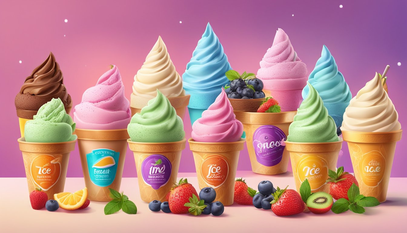 A colorful display of various healthy ice cream brands, featuring fresh fruits and natural ingredients, arranged on a vibrant backdrop