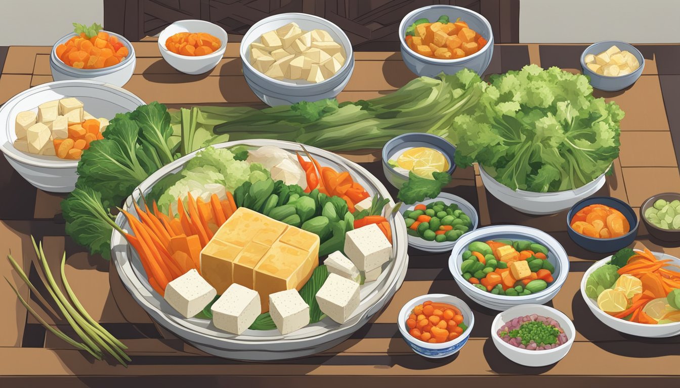 A colorful array of fresh vegetables, tofu, and steamed fish arranged on a traditional Chinese dining table