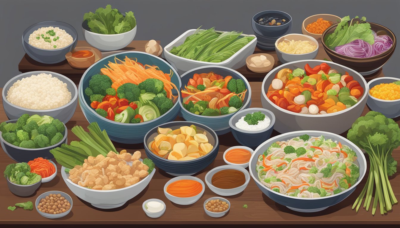 A table filled with colorful, fresh vegetables, lean proteins, and steaming bowls of nutritious Chinese dishes