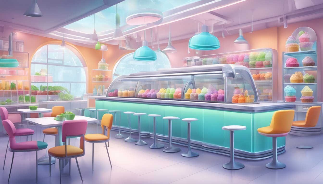 A futuristic ice cream parlor with a variety of colorful, plant-based ingredients and innovative machinery for creating healthy, dairy-free frozen treats