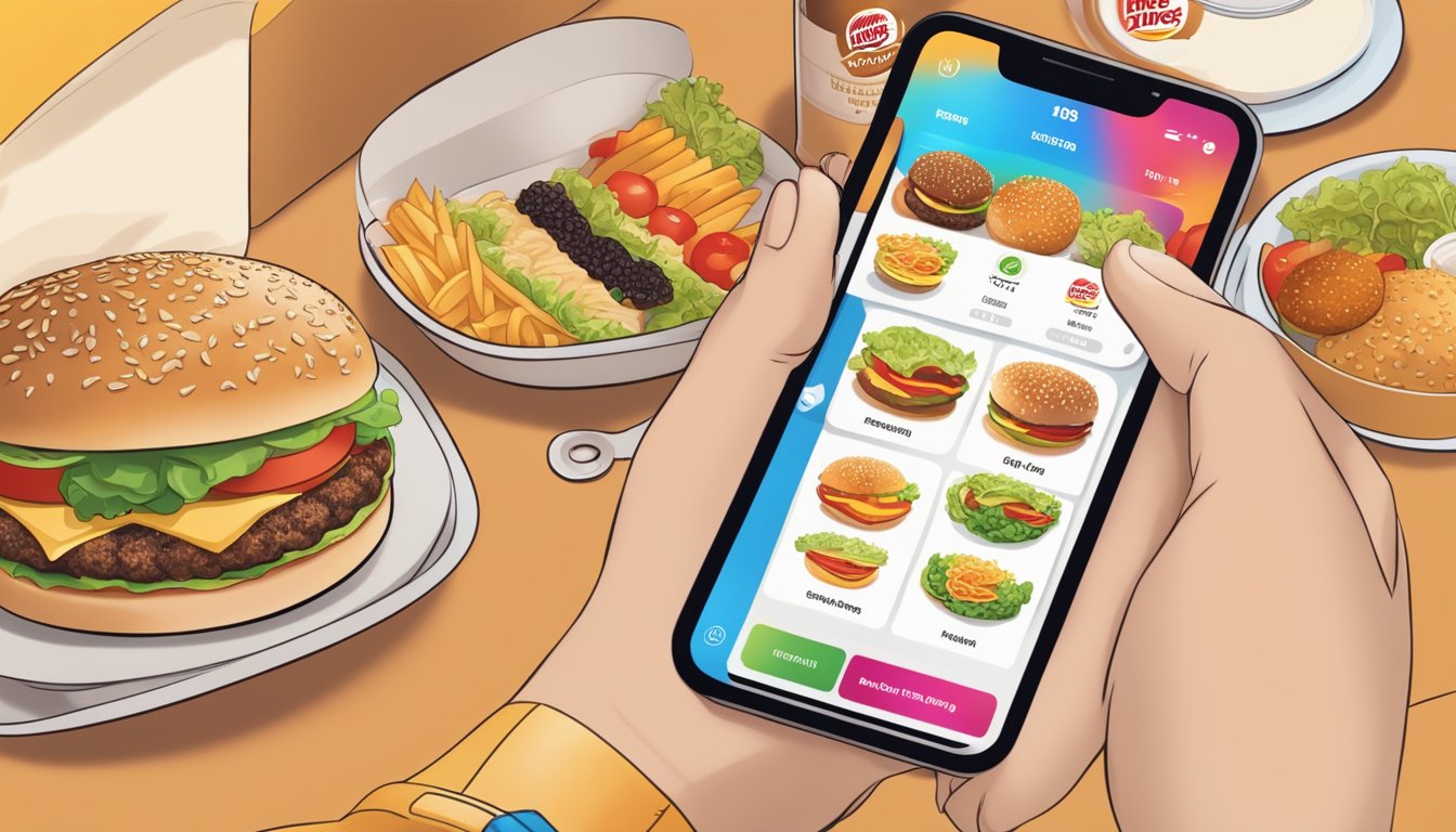 A person using a mobile app to order a healthy meal from Burger King, with various nutritious options displayed on the screen