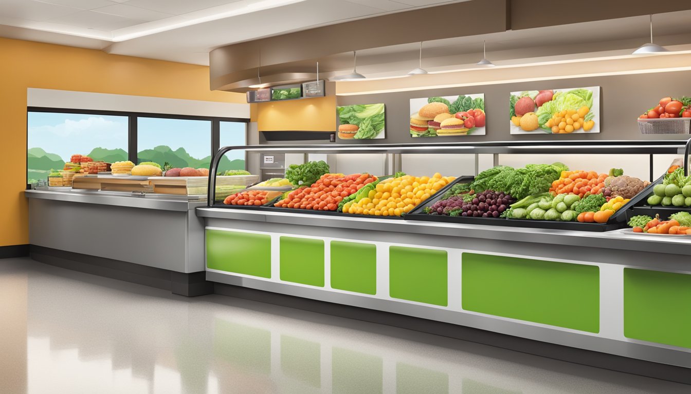 A colorful display of fresh fruits and vegetables arranged on a clean, modern counter at Burger King, with a variety of healthy options showcased