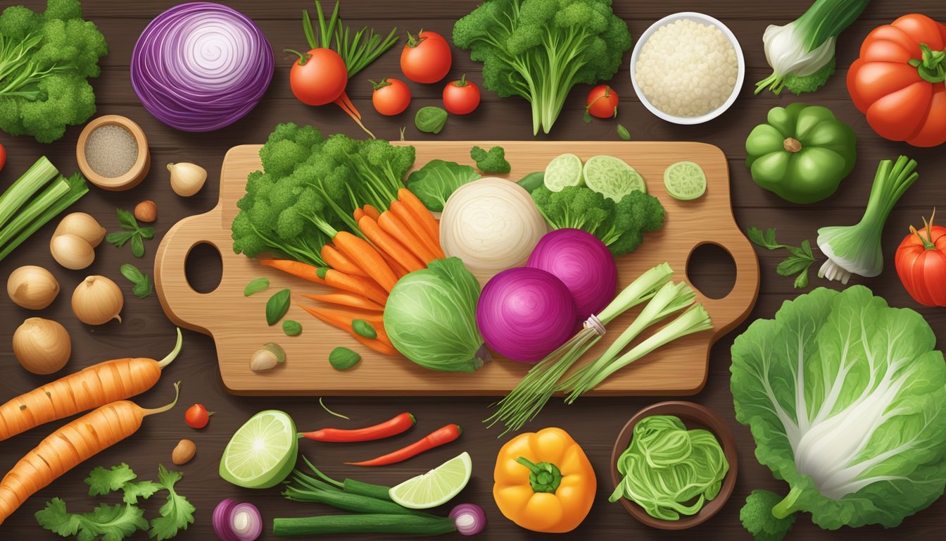 A colorful array of fresh vegetables and lean proteins arranged on a wooden cutting board, surrounded by traditional Chinese cooking utensils