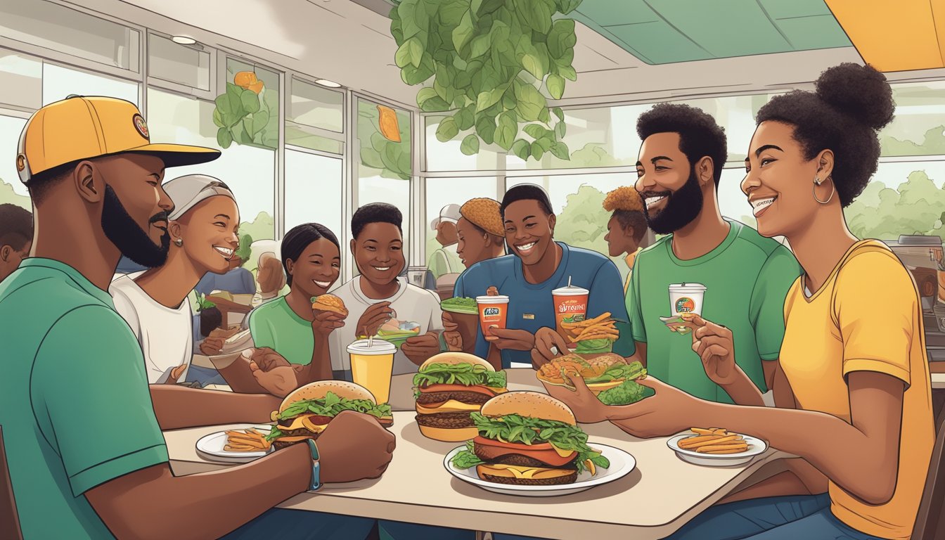 A diverse group enjoys plant-based meals at a Burger King with sustainable eating initiatives