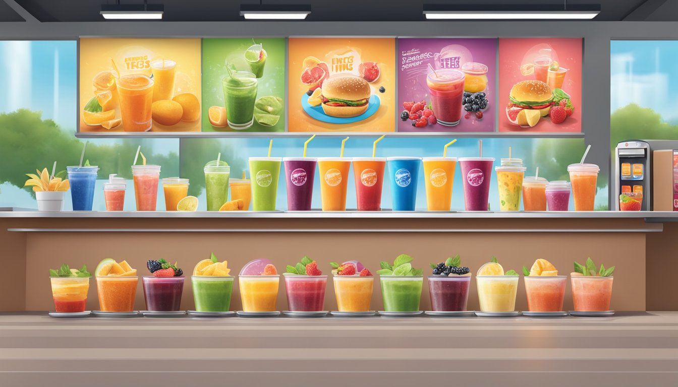 A colorful display of fresh fruit smoothies and iced teas at a Burger King counter