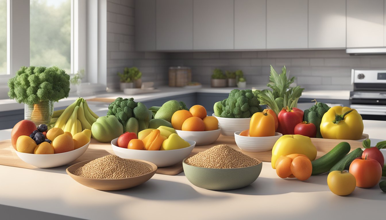 A colorful array of fresh fruits, vegetables, and whole grains displayed on a clean, minimalist kitchen counter