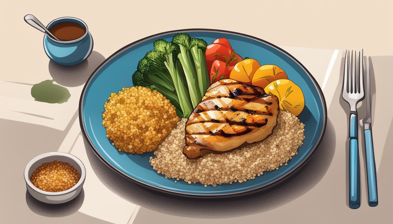 A colorful plate with grilled chicken, steamed vegetables, and a side of quinoa