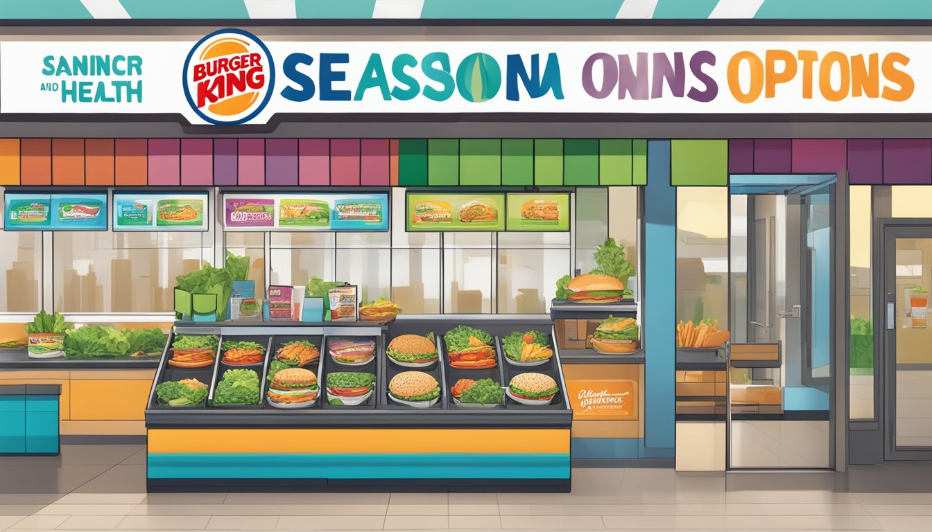 A colorful display of fresh salads, grilled chicken sandwiches, and fruit smoothies at a Burger King restaurant, with a sign indicating "Seasonal and Limited-Time Health-Conscious Options."