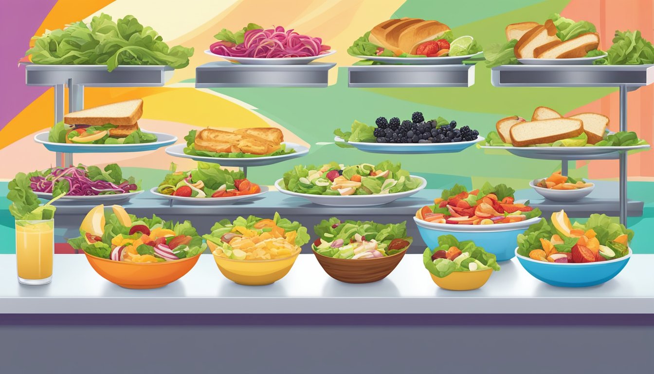 A colorful array of fresh salads, grilled chicken sandwiches, and fruit smoothies displayed on a vibrant, inviting backdrop