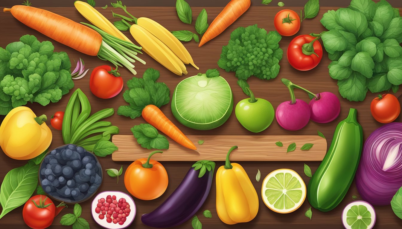 A colorful array of fresh fruits and vegetables, herbs, and spices arranged on a wooden cutting board