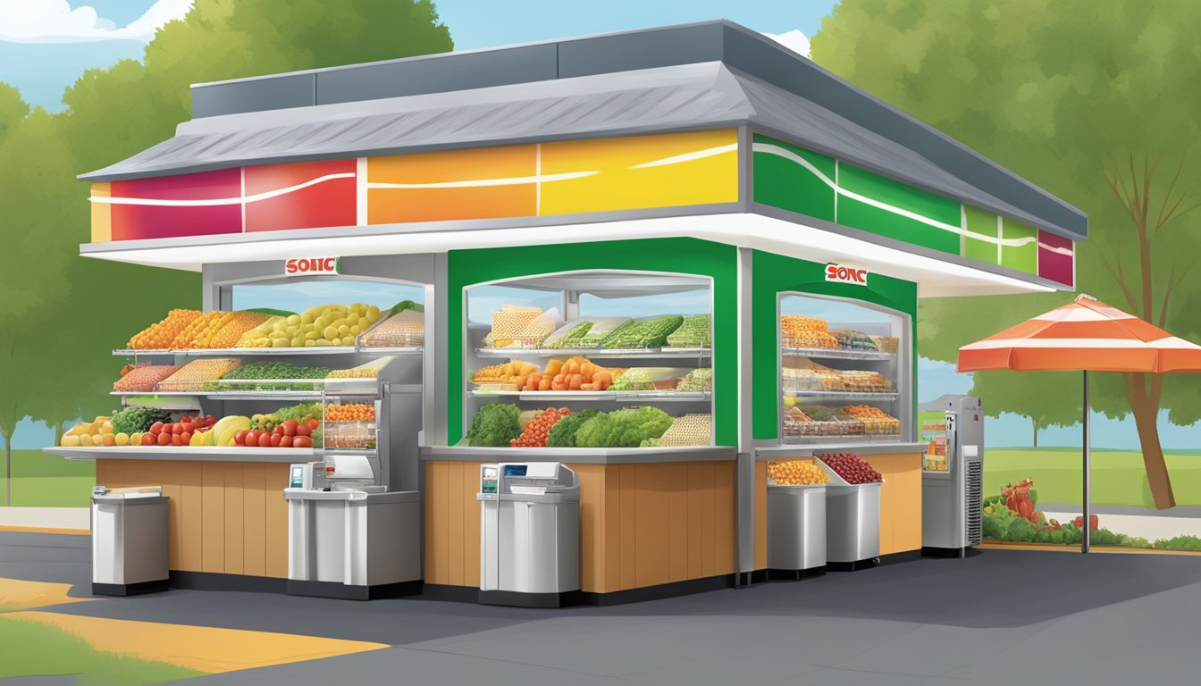 A variety of fresh fruits and vegetables displayed alongside whole grain options at a Sonic drive-in