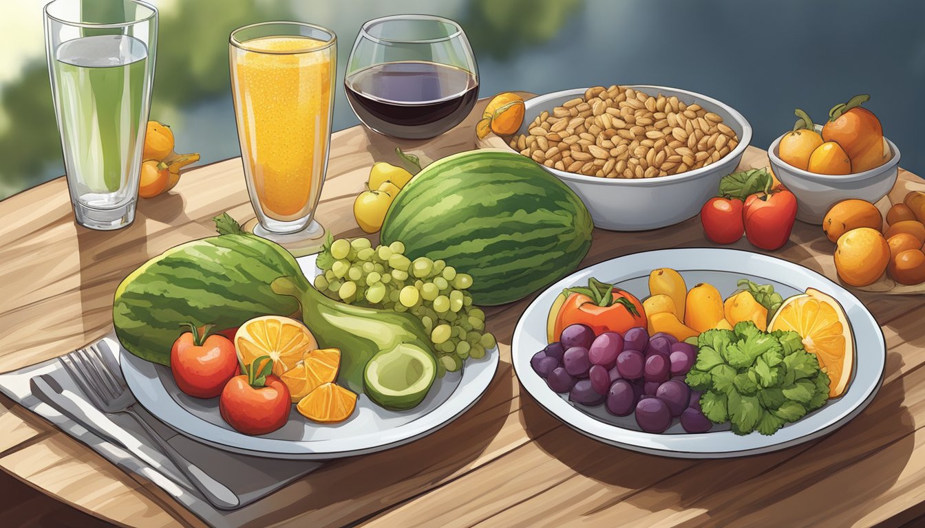 A colorful array of fresh fruits, vegetables, nuts, and whole grains arranged on a table, with a plate of grilled chicken and a glass of water