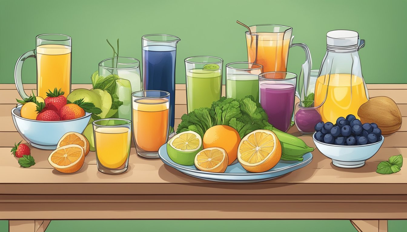 A table set with a variety of healthy beverage options, including water, herbal tea, and freshly squeezed juices, alongside a bowl of colorful fruits and vegetables