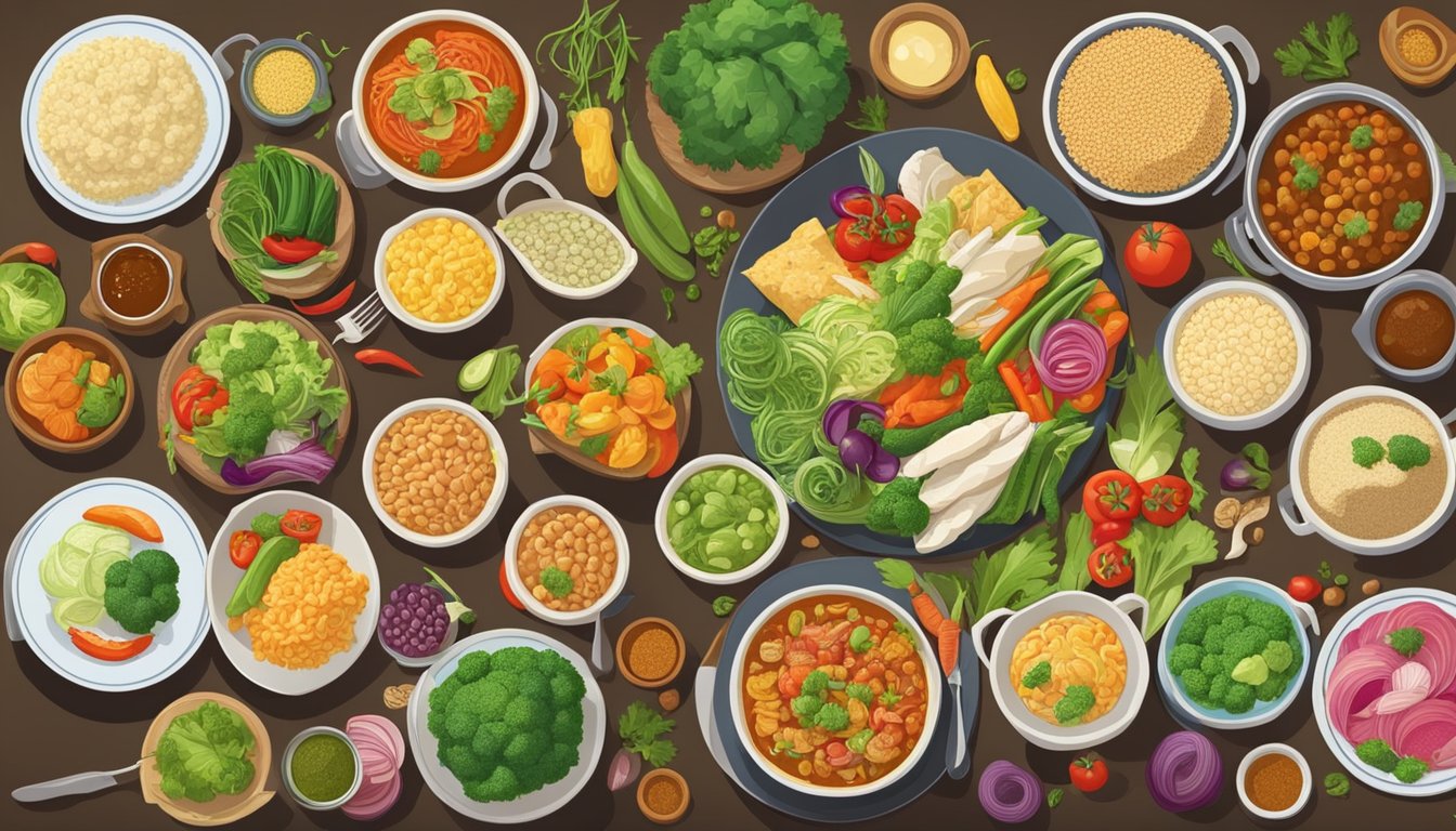 A table set with a variety of colorful dishes representing different cultural cuisines, including fresh vegetables, grains, and lean proteins