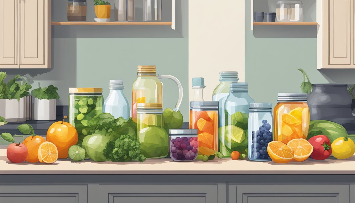 A colorful array of fresh fruits and vegetables, alongside bottles of water and herbal teas, displayed on a clean, modern countertop