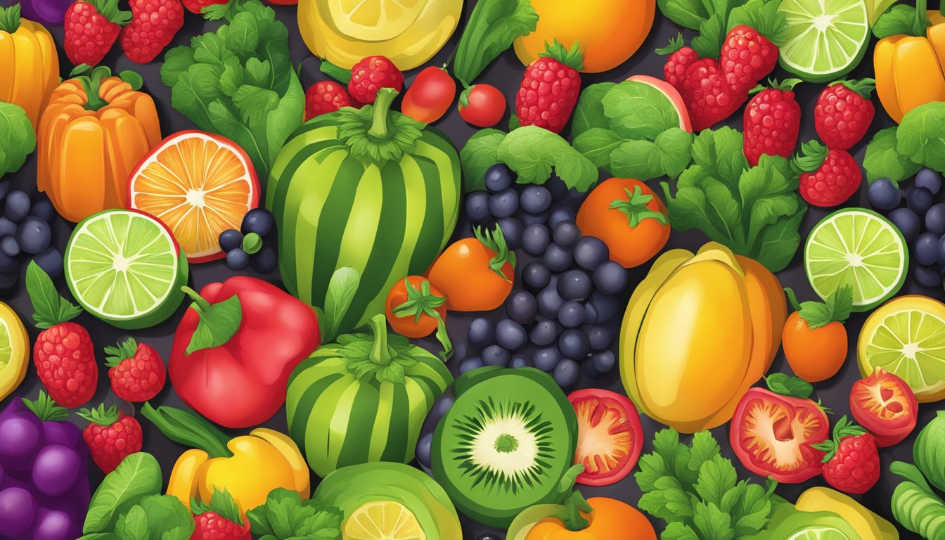 A colorful array of fresh fruits and vegetables arranged in a vibrant display