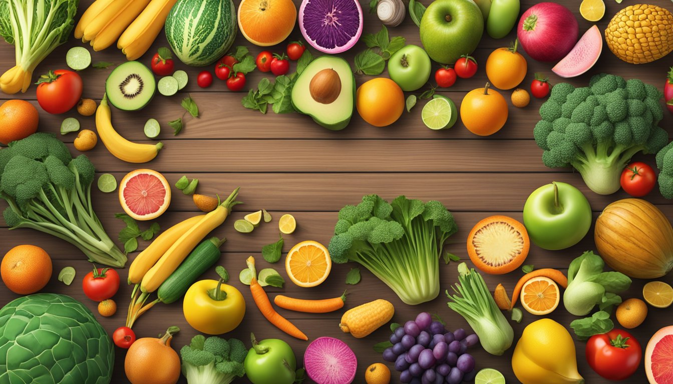 A vibrant display of fresh fruits and vegetables arranged on a wooden table, surrounded by colorful signage promoting seasonal and limited-time healthy offerings