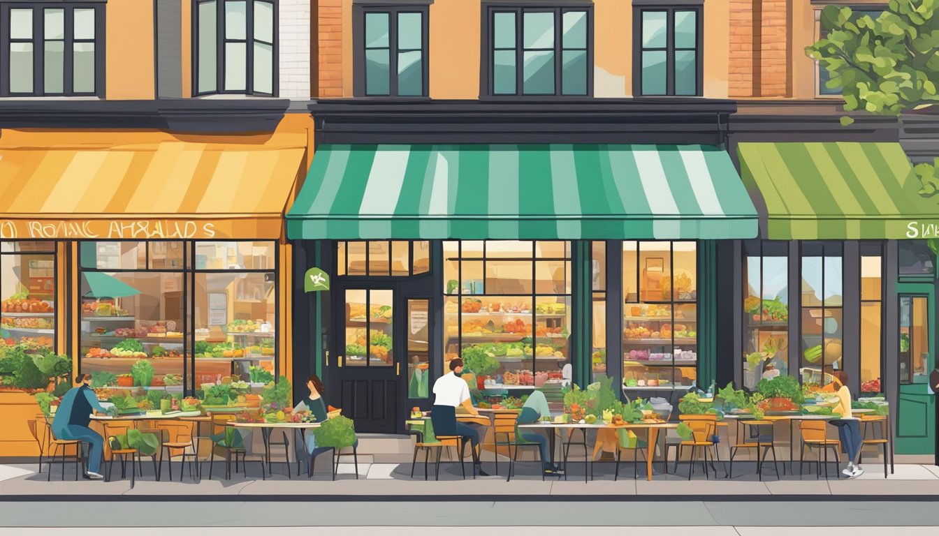 A bustling street lined with colorful storefronts offering fresh salads, smoothie bowls, and organic sandwiches. Outdoor seating and vibrant signage draw in health-conscious lunch-goers