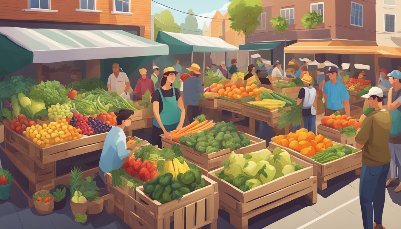 A vibrant farmers market with colorful fruits and vegetables displayed on wooden crates, surrounded by people browsing and chatting with local vendors