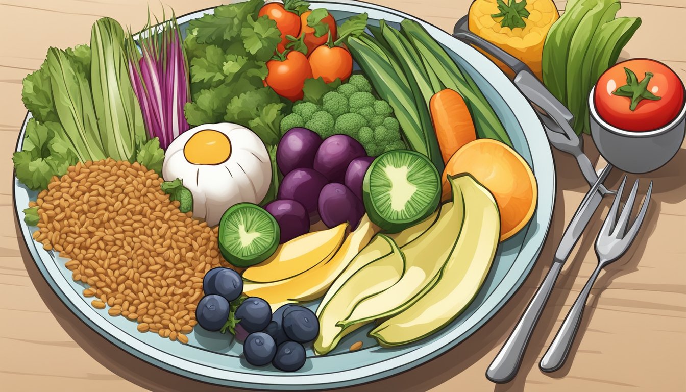 A colorful plate with a variety of fresh vegetables, lean protein, whole grains, and a side of fruit