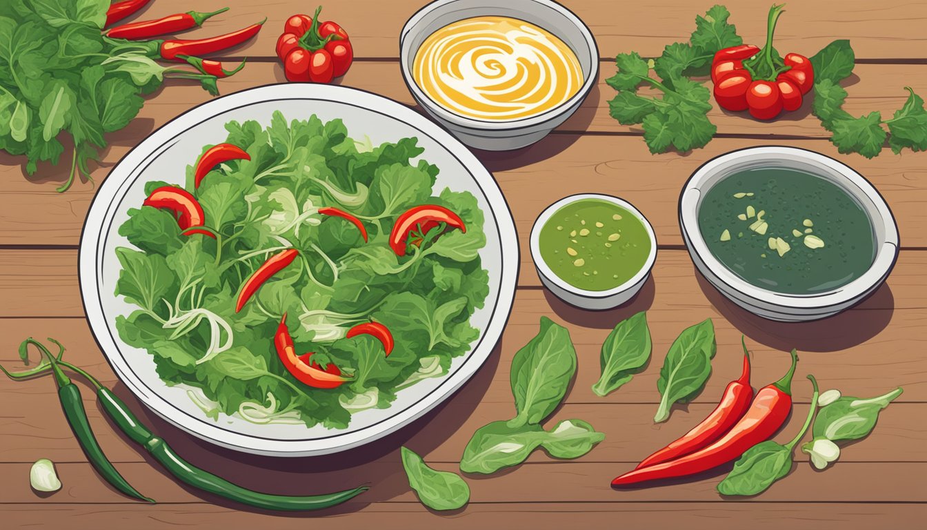 A bowl of vibrant green salad and a steaming bowl of soup sit on a wooden table, surrounded by fresh chilis