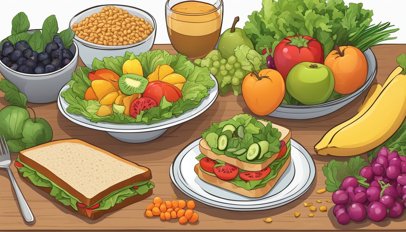 A colorful array of fresh fruits, vegetables, and whole grains arranged on a table, with a vibrant salad and a hearty sandwich nearby