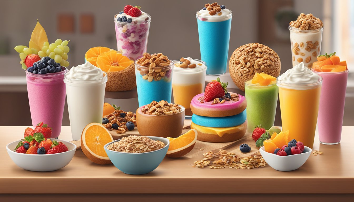 A colorful display of fresh fruits, yogurt parfaits, and granola bars alongside a variety of whole grain bagels and oatmeal options at Dunkin Donuts