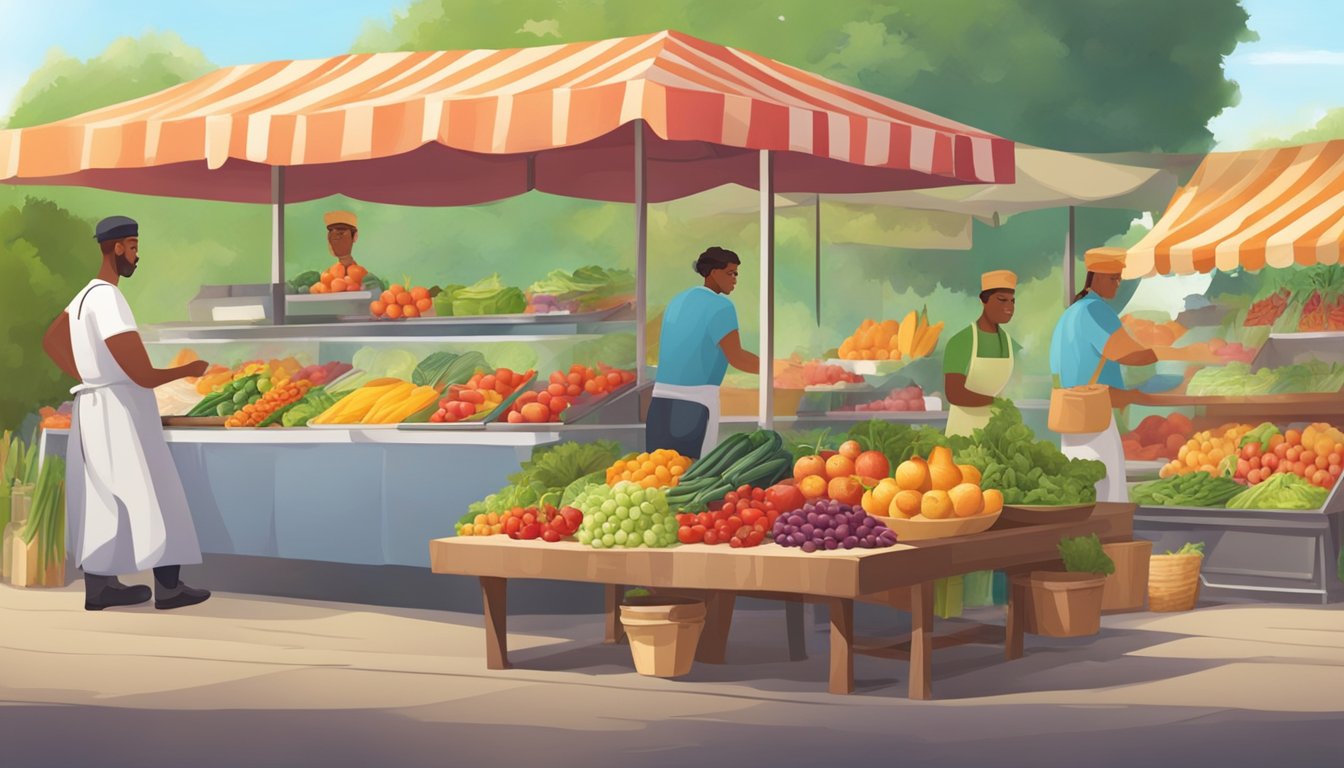 A vibrant farmers market with an array of fresh fruits, vegetables, and whole grains. A chef prepares colorful salads and wraps at a nearby food stand