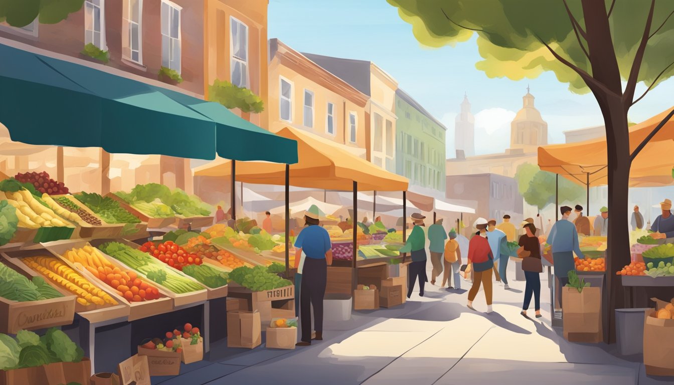 A bustling farmers market with colorful stalls offering fresh fruits, vegetables, and locally sourced produce. Nearby, a cozy cafe serves up sustainable and healthy lunch options