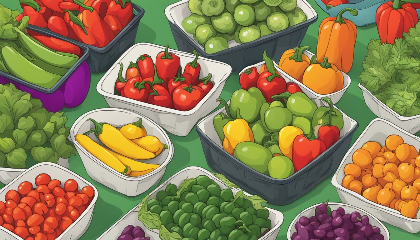 A colorful display of fresh vegetables and fruits, including vibrant red and green chilis, arranged on a table at a kids' healthy options event